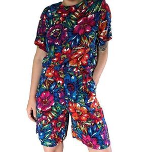 Vintage Womens Floral Tropical Blouse High Waisted Shorts Beach Set Sz M